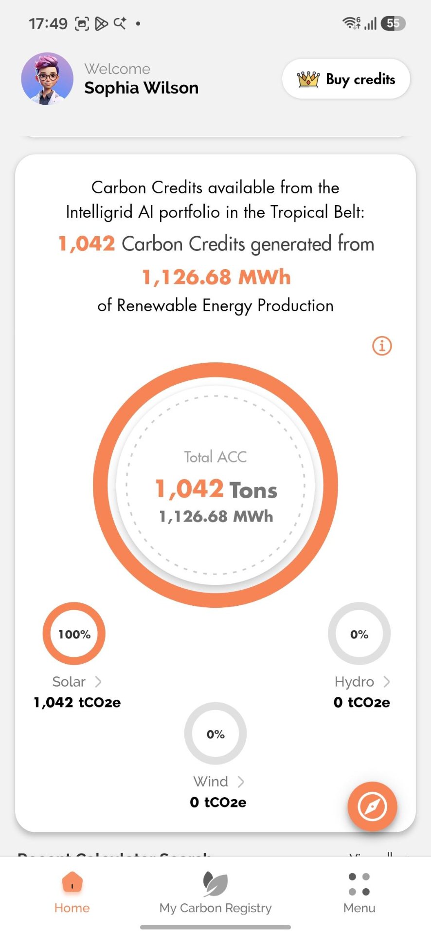 IntelliGrid mobile app dashboard showing carbon credits available